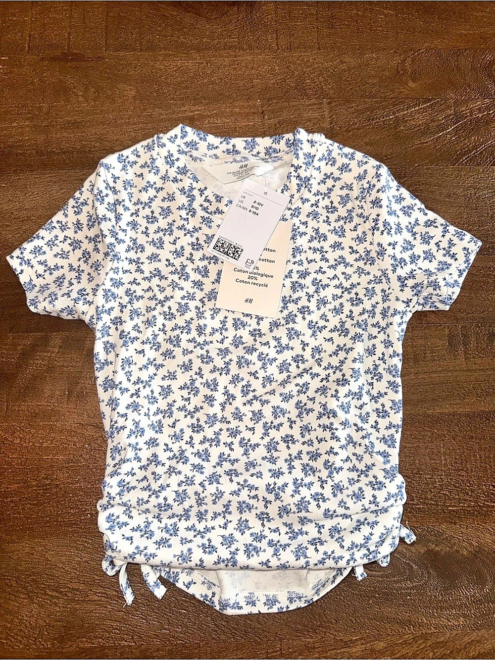 H&Medium Drawstring-Detail Cotton Top Floral Short Sleeve White & Blue